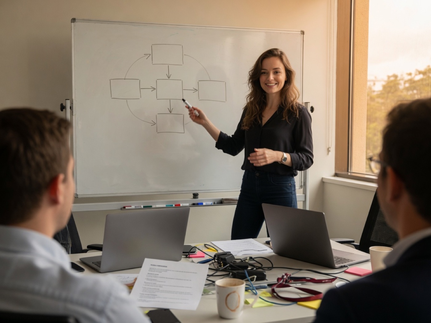Ana, from the team, explaining a simple workflow on a whiteboard to two people