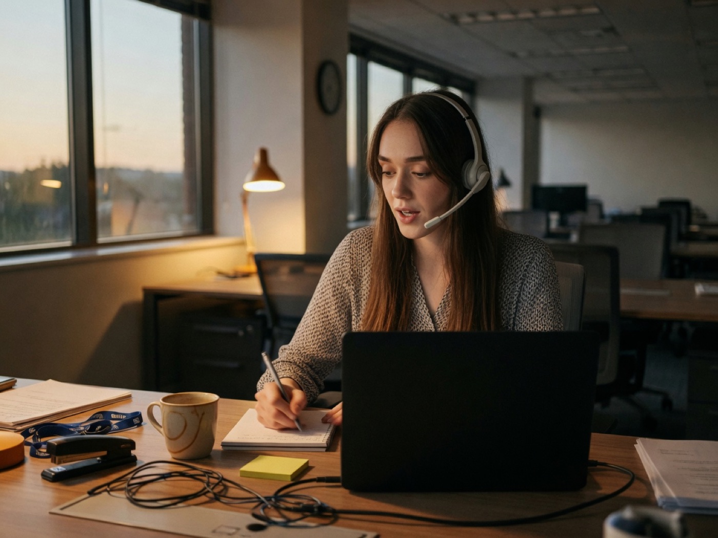 Sofía, from the team, taking a call at the end of the day in an office