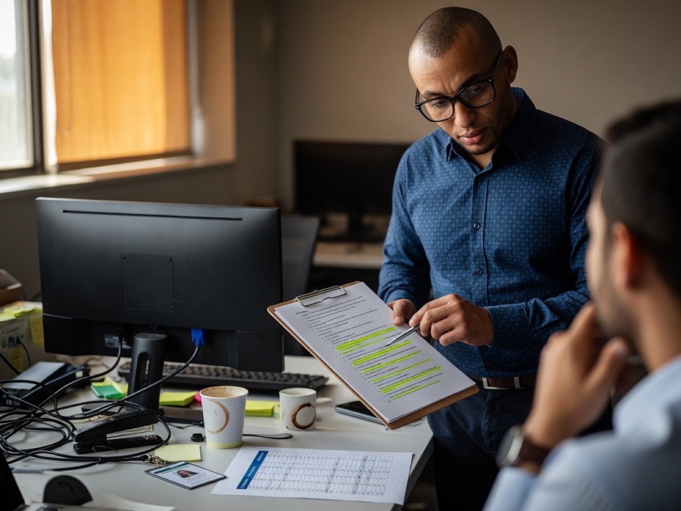 Rodrigo, from the team, reviewing a printed conversation log with a colleague