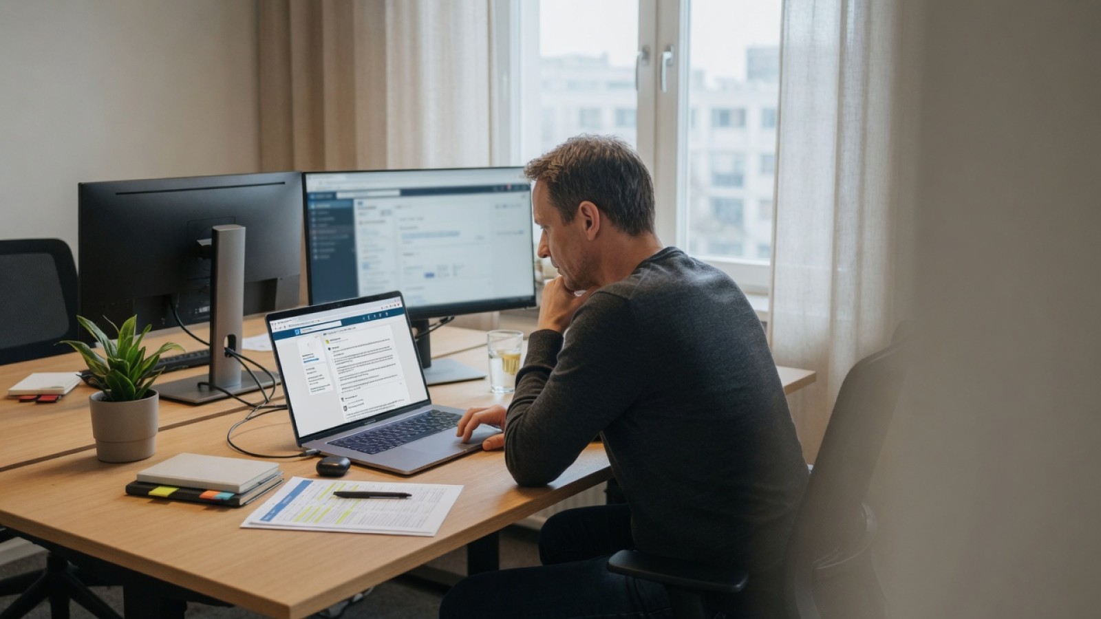 Director comercial revisando un prospecto en la pantalla, con notas sobre presupuesto, problema y horizonte de decisión
