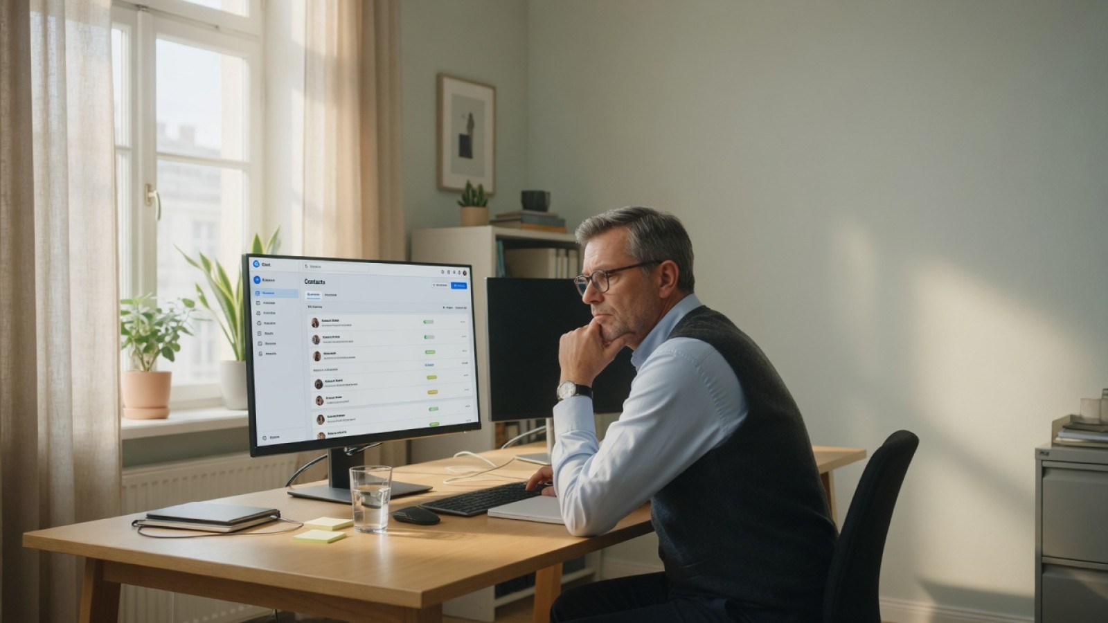 Director comercial revisando en su computadora un embudo de ventas con prospectos sin seguimiento